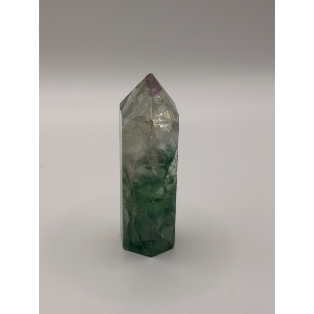 Natural Green and Purple Fluorite Crystal Tower Polished Hexagonal Obelisk Point